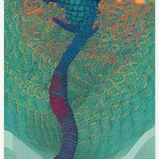 Image similar to illustration of quetzalcoatl, in colors # 1 1 3 4 a 6, # 7 3 c 2 fb, # 6 6 9 3 fs, # 9 8 fb 9 8, # 0 1 7 9 6 f, by studio multi and victo ngai, malika favre