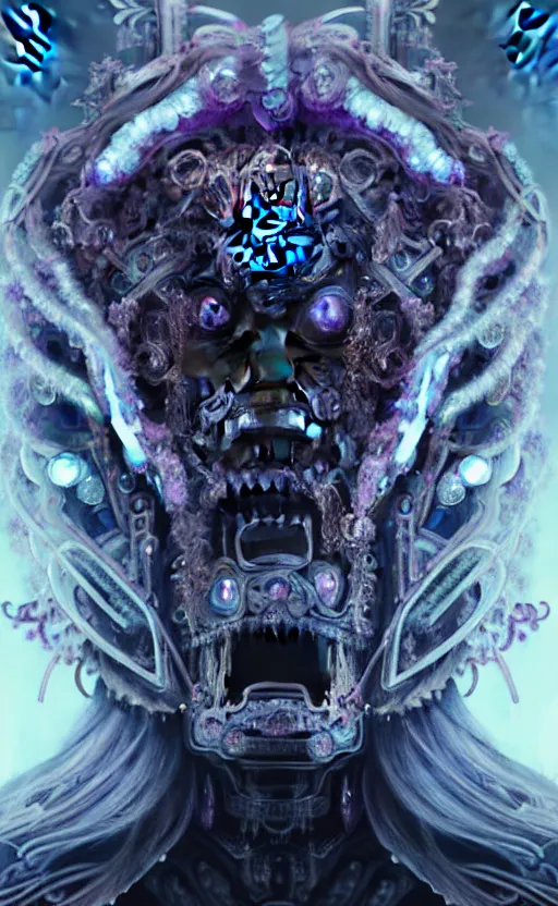 Image similar to oimmortal beast from chinese mythology, ghost, gorgeous and huge head ornaments, dystopian, cyberpunk, organic fractal mycelum and fungi, mecha, halfturn portrait of a big crystal face made of crystals half - turn, ominous, intricate, studio, art by anthony macbain + greg rutkowski + alphonse mucha, concept art, 4 k, sharp focus