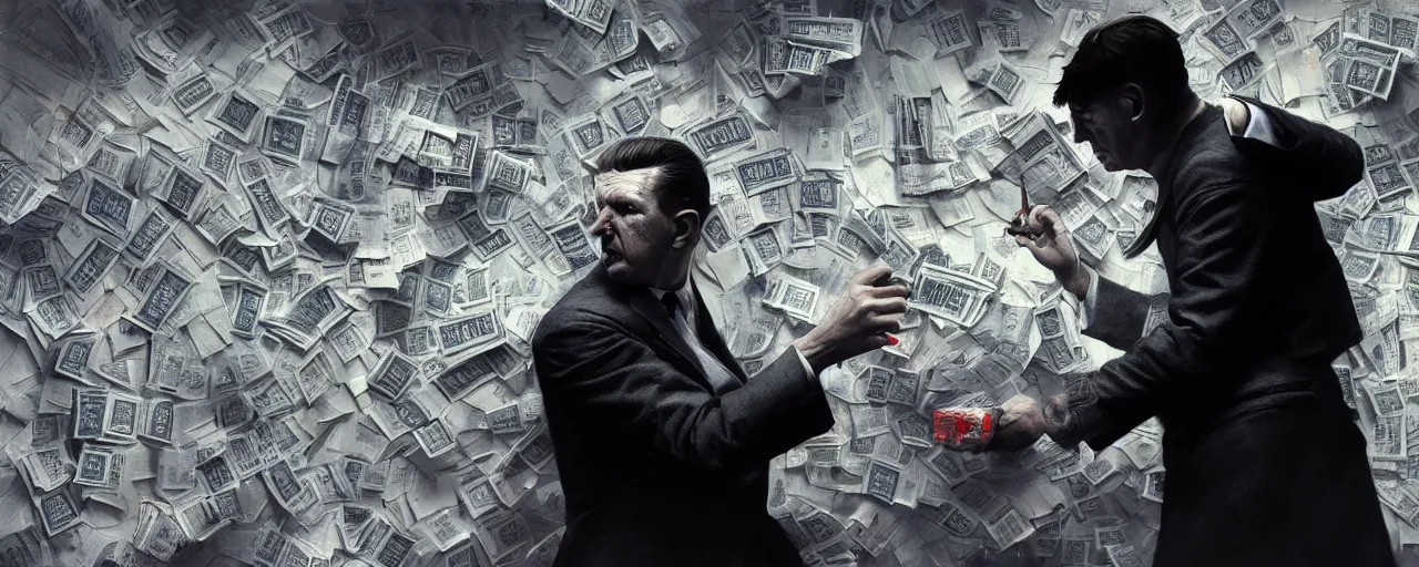 Image similar to duotone white concept 3 / 4 portrait of vincent mcmahon counting and smelling pack of dollars. accidental renaissance. concept by stanley kubrick dr strangelove style and sergey kolesov and ruan jia and heng z. graffiti art, scifi, fantasy, hyper detailed. octane render. trending on artstation
