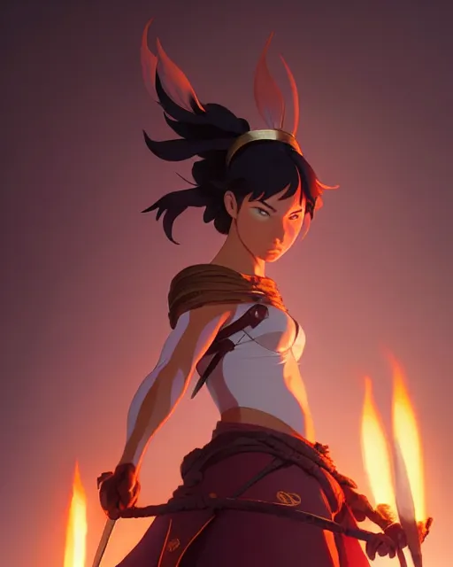 Image similar to azctec warrior, julia fox, detailed perfect face, exquisite details, fire magic, mid view, design on a white background, by studio muti, greg rutkowski makoto shinkai takashi takeuchi studio ghibli