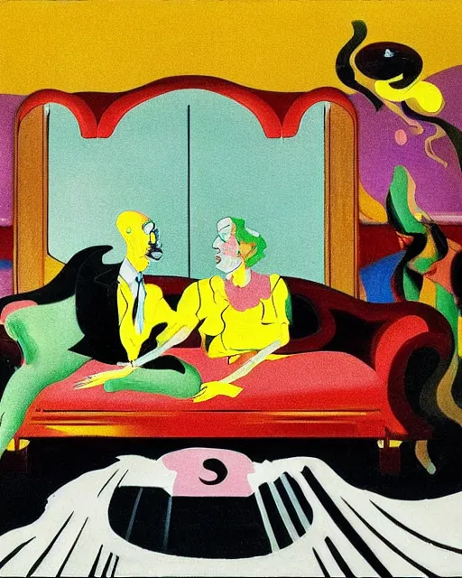 Prompt: old dead couple sitting on a couch, a flesh person inside a large black aquarium with clouds at red and yellow art deco interior room in the style of Francis Bacon and Syd Mead, open ceiling, highly detailed, painted by Francis Bacon and Frank Lloyd Wright, painted by James Gilleard, surrealism, airbrush, very coherent, triadic color scheme, art by Takato Yamamoto and James Jean
