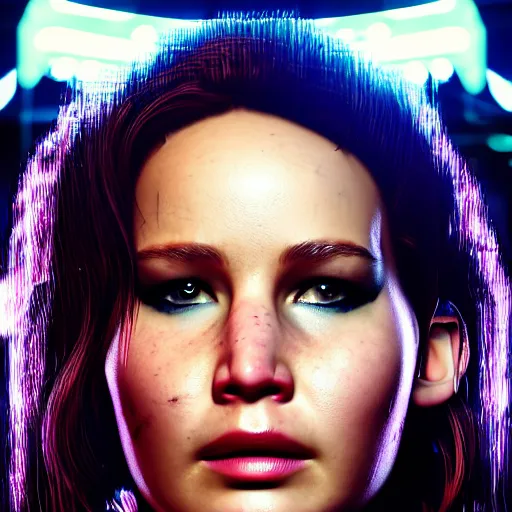 Prompt: jennifer lawrence portrait, cyberpunk 2 0 7 7, cyberpunk judy alvarez, photorealistic, ultra detailed, neon, octane, bokeh, cinematic lighting, cyber, cyberpunk city, studio quality, feature, scars, cyberface, 8 k