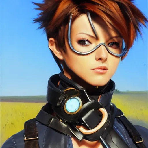 Image similar to oil painting of tracer overwatch in a field wearing very large black leather belt choker collar around neck, in style of mark arian, expressive face, very detailed face, very detailed eyes, belt around neck, full body, feminine face, tracer overwatch,