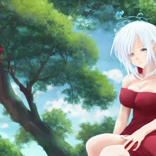 Image similar to beautiful anime girl with white hair sitting next to a tree which was formerly a human, artstation, high quality, highly detailed, drawn wpl