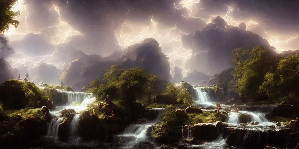 Image similar to creation of the world and heaven with a river of the water of life, clear as crystal, flowing from the throne of god and of the lamb by daniel f. gerhartz and matt stewart and thomas cole, fantasy, photorealistic, octane render, unreal engine, dynamic lighting