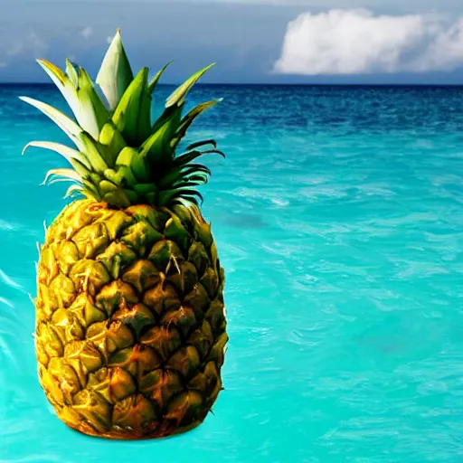 Image similar to a pineapple floating in the middle of the ocean, realistic, beautiful lighting