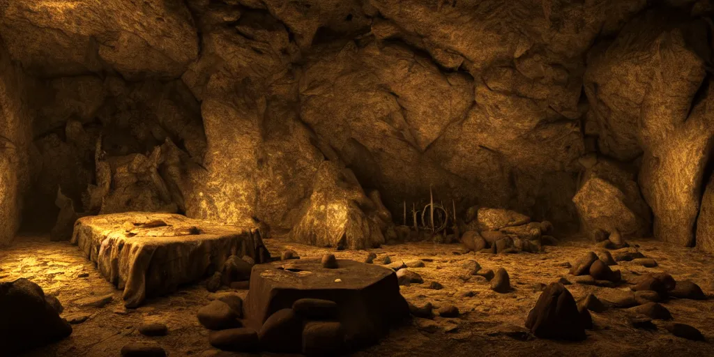 Image similar to bedroom in a secret cave, dark, spooky, dreamlike, lava, satanic symbols in the style of 1 3 ghosts movie, low light, hyperrealistic, coherent composition, artstation, matte painting, concept art, edward hughes hyper detailed, photo realistic, unreal engine, octane render, post processed 4 k