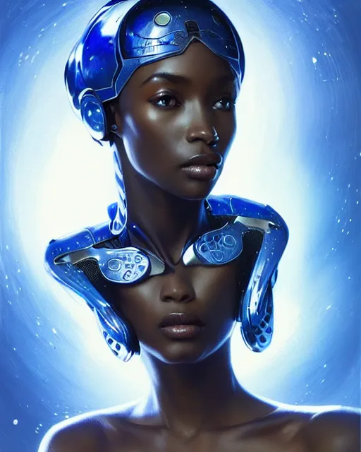 Image similar to Portrait of very very very very very very beautiful african woman, spacesuit, futuristic cybernetic helmet, blue eyes, real life skin, intricate, elegant, highly detailed, artstation, concept art, smooth, sharp focus, art by artgerm and greg rutkowski and alphonse mucha