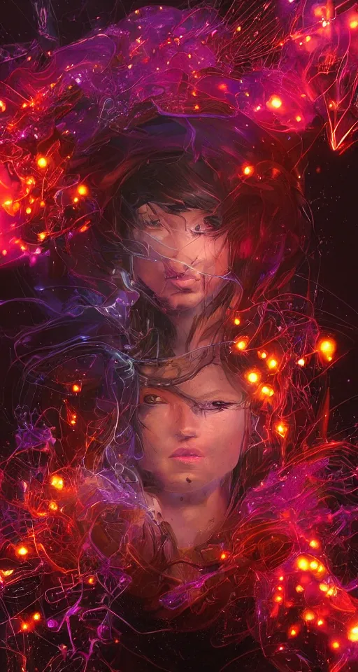 Prompt: she dreams of arcs of purple flame intertwined with glowing sparks, glinting particles of ice, dramatic lighting, steampunk, bright neon, secret holographic cyphers, red flowers, solar flares, high contrast, smooth, sharp focus, intricate art by artgerm and greg rutkowski and ruan jia