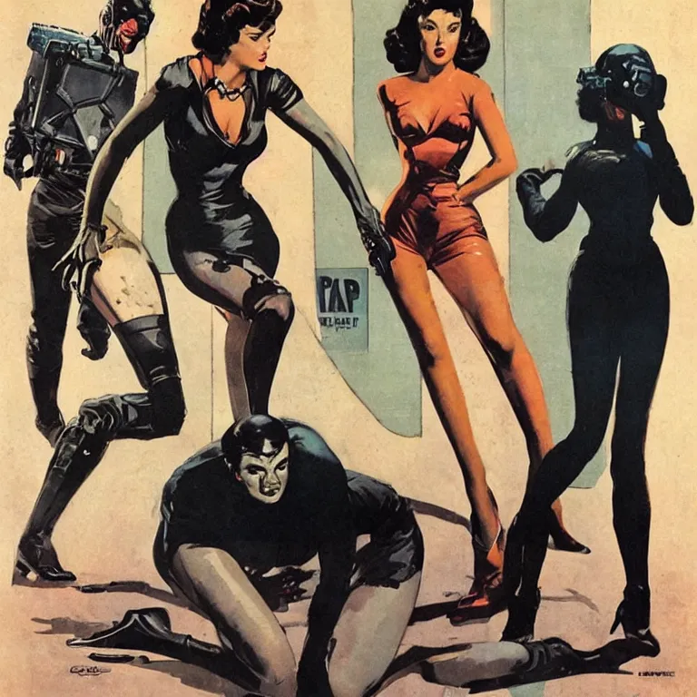 Prompt: scifi woman by Robert McGinnis, pulp comic style, circa 1958