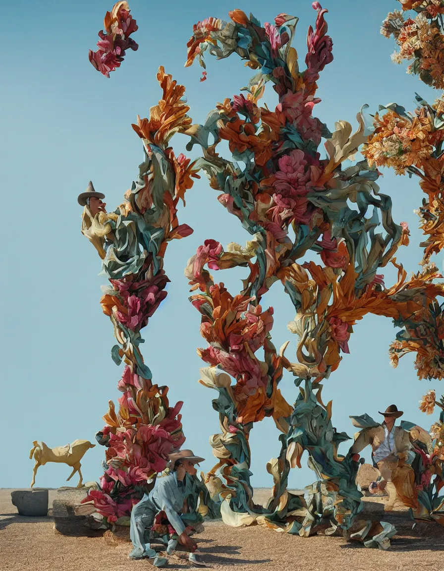 Image similar to a cowboy turning into blooms by slim aarons, by zhang kechun, by lynda benglis. tropical sea slugs, angular sharp tractor tires. complementary bold colors. warm soft volumetric dramatic light. national geographic. 8 k, rendered in octane. angular sculpture by antonio canova by gian lorenzo bernini.