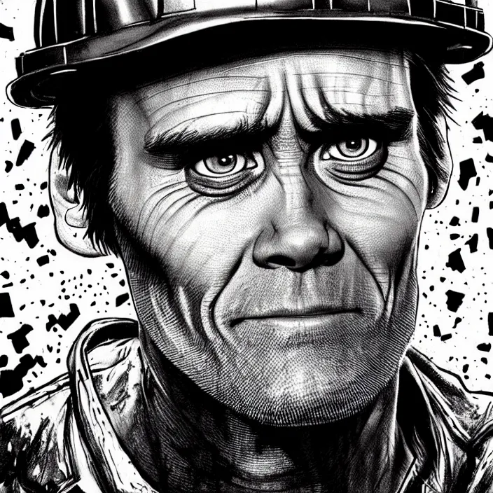 Prompt: extreme close - up on jim carrey as a miner : background : black tiles on walls. black and white, pencil and ink. by gabriel hardman, joe alves, chris bonura. cinematic atmosphere, detailed and intricate, perfect anatomy