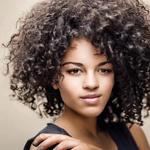 Prompt: a beautiful portrait photo of a young woman with flowing black curly hair