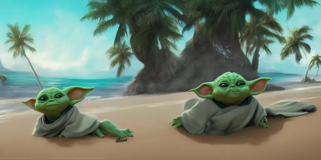 Image similar to Baby Yoda chillin on a beach, waves coming up onto the shore, palm trees swaying in the wind, hyperdetailed, artstation, cgsociety, 8k