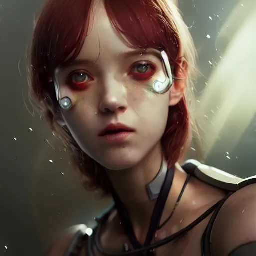 Image similar to broken cyborg - girl by tom bagshaw, sitting on a metal table by ilya kuvshinov, rtx rendering, octane render 1 2 8 k, maya, extreme high intricate details by wlop, digital anime art by ross tran, medium shot, close up shot, composition by sana takeda, dramatic lighting by greg rutkowski