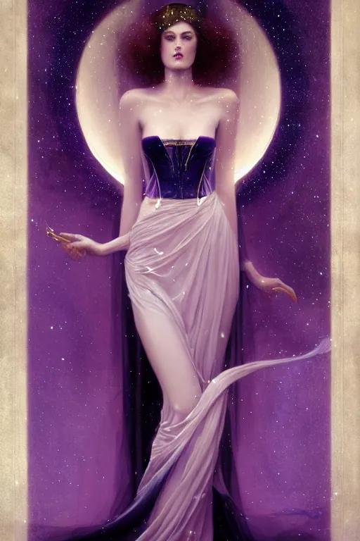 Prompt: Nocturne, glowing, stars, a long-legged elegant evil woman, highly detailed, mysterious, ethereal, dressed in ultra violet velvet, haute couture, illustration, dramatic lighting, soft details, painting, by Edmund Blair Leighton, Brom, Charlie Bowater, trending on artstation, faces by Tom Bagshaw, otto schmidt