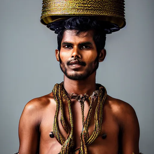 Image similar to a portrait of a beautiful young sinhalese male wearing an alexander mcqueen armor , photographed by andrew thomas huang, artistic