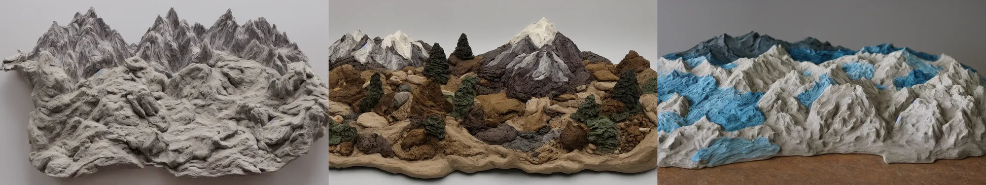 Prompt: lakeside mountains, clay sculpture