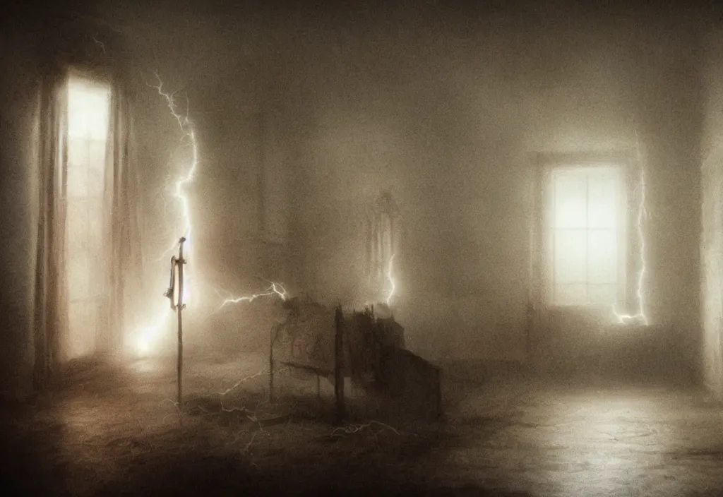 Image similar to a innatural and tragic ghost in a room of a haunted house. realistic, cinematic lightning, octane tender, dark - art