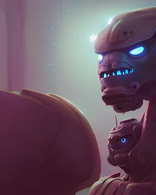 Image similar to highly detailed vfx portrait of a character of a monster robot, stephen bliss, unrealengine, greg rutkowski, loish, rhads, beeple, makoto shinkai and lois van baarle, ilya kuvshinov, rossdraws, tom bagshaw,