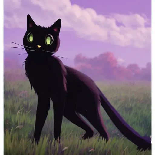 Image similar to a wholesome animation key shot of a black cat! looking a biplane! in the sky, medium shot, studio ghibli, pixar and disney animation, sharp, rendered in unreal engine 5, anime key art by greg rutkowski, bloom, dramatic lighting