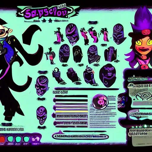 Image similar to official character sheets for a new vampire squid character, artwork in the style of splatoon from nintendo, colors by tim schafers black velvetopia art for psychonauts from double fine studios, black light rave, bright neon colors, spray paint, punk, tall thin build, adult character, fully clothed, colorful