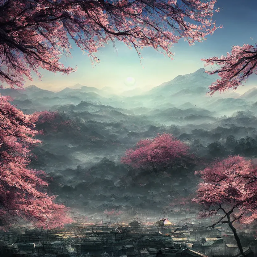 Prompt: old empty samurai city surrounded by sakura trees, beautiful valley and mountains with forest, sunrise matte painting, digital art, artistation