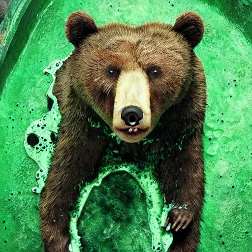 Image similar to a realistic depiction of a zombie bear standing in a green fluid pit, photo pic taken by todd mcfarlane and national geographic