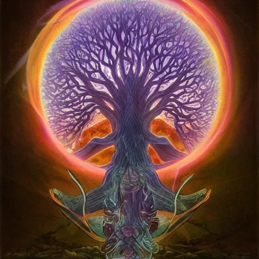 Image similar to yggdrasil the tree of life, avatar the last airbender, Alex Grey, Studio Ghibli, mobius, k pop, featured on artstation