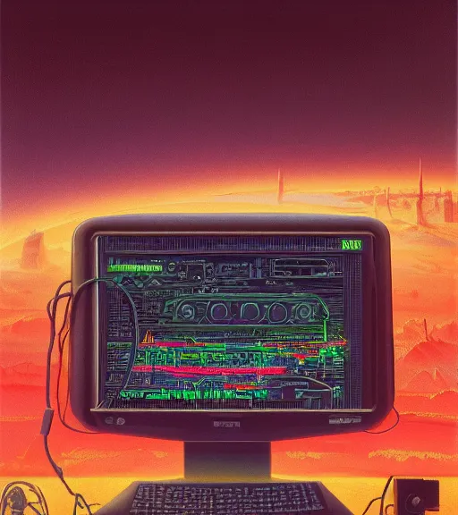 Prompt: computer terminal. vantablack cloth technology, vintage shapes, retro technology, happy colors dariusz zawadzki, tim hildebrandt, wayne barlow, bruce pennington, larry elmore, oil on canvas, deep depth field, masterpiece, cinematic composition. dramatic zoom, hyperdetailed, hd, hdr