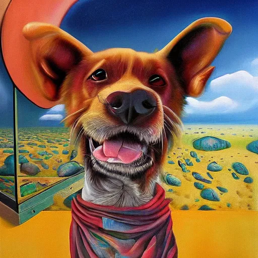 Image similar to dog dreams, surrealism, oil on canvas, high detail, masterpiece