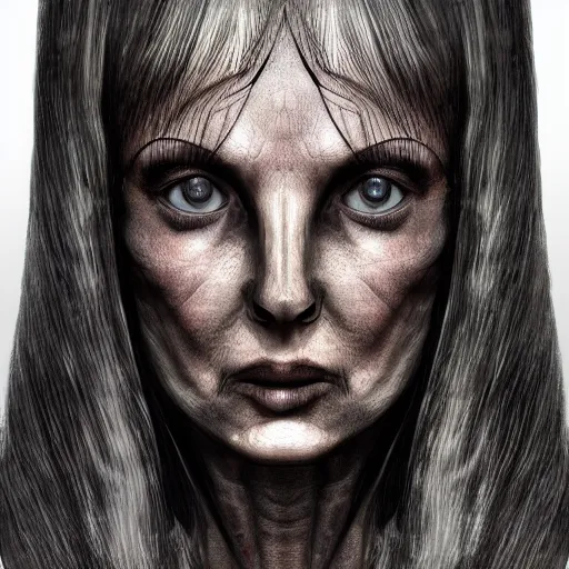 Prompt: realistic woman figure, close look, giger style, posing, dark background, photorealistic face