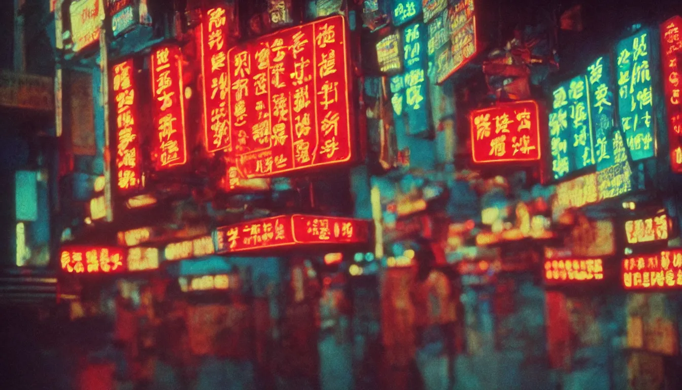 Prompt: 8 0 s asian neon movie still, medium format color photography, blurred background, movie directed by kar - wai wong, hyperrealistic, photorealistic, high definition, highly detailed, tehnicolor, anamorphic 5 0 mm lens