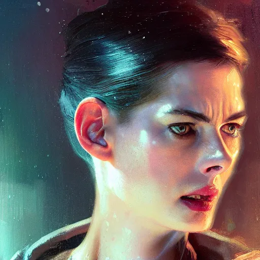 Image similar to ann hathaway, hyperrealistic portrait, bladerunner street, art of elysium by jeremy mann and alphonse mucha, fantasy art, photo realistic, dynamic lighting, artstation, poster, volumetric lighting, very detailed face, 4 k, award winning, cinematic lighting