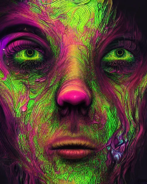 Image similar to realistic portrait of a creature experiment gone wrong, psychedelic, dark art, facing camera, photo realistic, detailed, 1 4 5 0, delicate, hyper realism, ultra realistic, 8 k