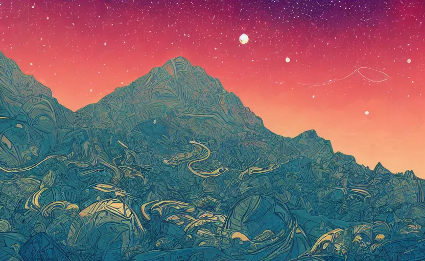 Prompt: mountains, stars and paisley filled sky, artstation, intricate, highly detailed, digital painting, concept art, sharp focus, illustration by charles williams and kilian eng and james jean