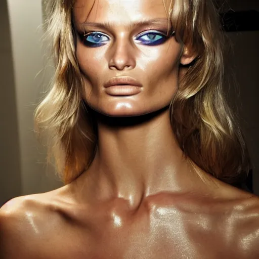 Image similar to portrait of young edita vilkeviciute, versace fashion show 2 0 1 1 spring summer backstage, makeup by pat mcgrath, detailed face, greg rutkowski, intricate, elegant, highly detailed,