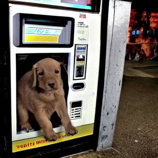 Image similar to in a dark alley at night a vending machine sells puppies only visible by the light from the vending machine.
