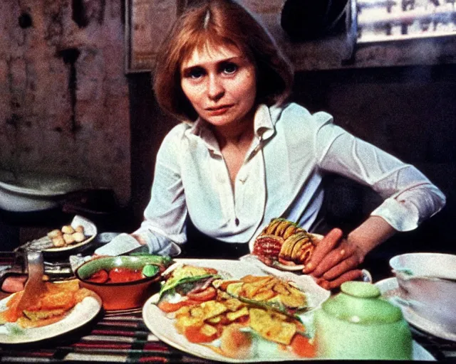 Image similar to 1 9 7 9 a soviet movie still a russian woman sitting at a table with a plate of food in dark warm light, a character portrait by nadya rusheva, featured on cg society, neo - fauvism, movie still, 8 k, fauvism, cinestill, bokeh, zenit 3 5 mm slr