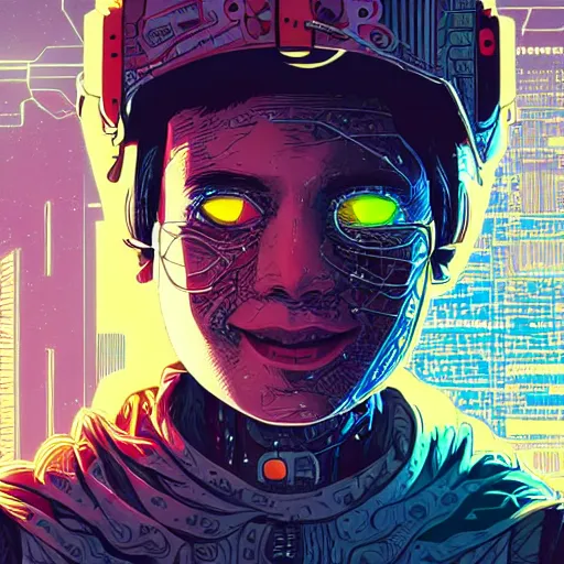 Prompt: detailed illustration in the style of josan gonzalez of a close up of a smiling young explorer wearing a cyberpunk headpiece, highly detailed, intricate details, 8k wallpaper