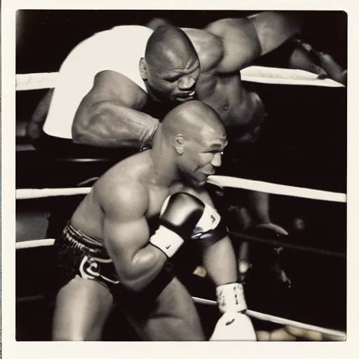 Prompt: polaroid image of mike tyson fighting an alien xenopmorph in a boxing ring
