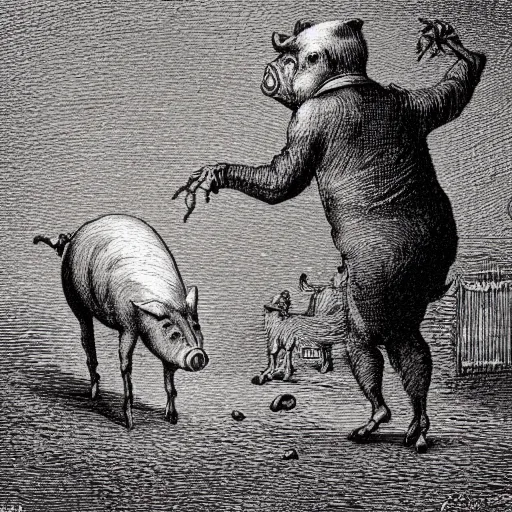 Image similar to Squealer the pig walking on two legs, creepy atmosphere, close-up, illustration by Gustave Doré, Animal Farm by George Orwell
