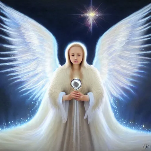 Image similar to highdetailed hyperrealistic painting of white angel!!! no gender!!!, giant ball of miracle light from the chest!!!!!, white sparkles everywhere, 4 k hd fur face!!!, big wings, by jan van eyck, holography space, glow effect, large strokes, soft and clean, white monochrome color!!!!!