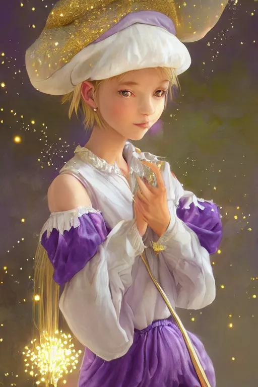 Image similar to Full View fairy maiden with short blond hair wearing an oversized purple Beret, Baggy Purple overall shorts, Short Puffy pants made of silk, silk shoes, a big billowy scarf, Golden Ribbon, and white leggings Covered in stars. covered in embroidery. Short Hair. peasant magic. masterpiece 4k digital illustration by Ruan Jia and Mandy Jurgens and Artgerm and william-adolphe bouguereau, award winning, Artstation, art nouveau aesthetic, Alphonse Mucha background, intricate details, realistic, panoramic view, Hyperdetailed, 8k resolution, intricate art nouveau