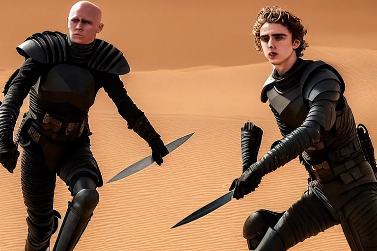 Prompt: a knife-fight between bald_ominous_brooding_Austin_Butler_as_Feyd-Rautha_Harkonnen against Timothee_Chalamet_as_Paul_Atreides, in an arena in movie Dune-2021, golden ratio, clear gaze, detailed eyes