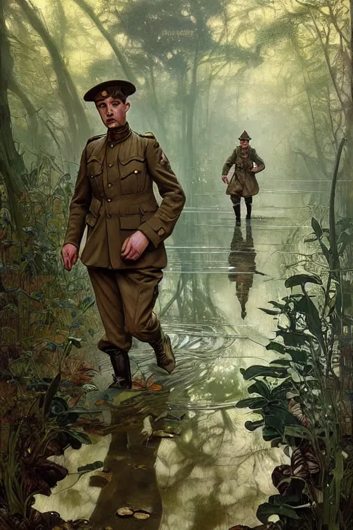 Image similar to two world war 1 soldiers walking in water in a beautiful forest, fantasy highly detailed, intricate, smooth, art by joseph leyendecker, peter mohrbacher, ruan jia, marc simonetti, ayami kojima, cedric peyravernay, alphonse mucha, victo ngai