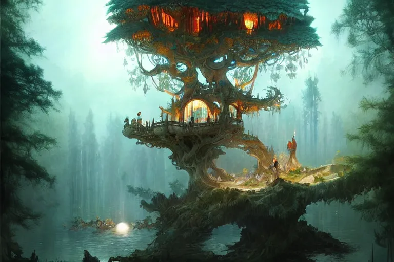 Prompt: treehouse from gaudi in a deep mystical forest , floating chinese lampoons, circular lake, waterfall, tall people walking and discussing, dynamic lighting, art by peter mohrbacher on artstation, night mood