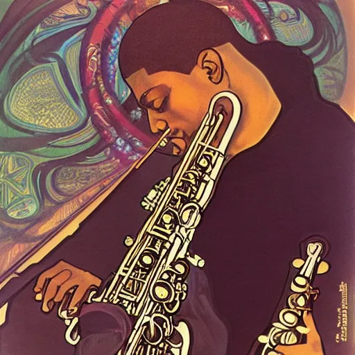 Image similar to Beautiful picture John Coltrane playing the saxophone reaching nirvana, Alphonse Mucha style