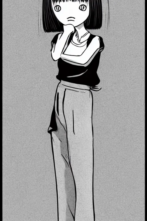 Image similar to portrait of a girl in long pants and a top, hands in pockets, eyes closed, bob haircut, digital art, black and white, lineart by junji ito and kaoru mori