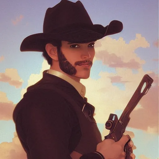 Image similar to a vintage portrait painting of a fantasy male gunslinger, art by tristan eaton and artgerm and william - adolphe bouguereau